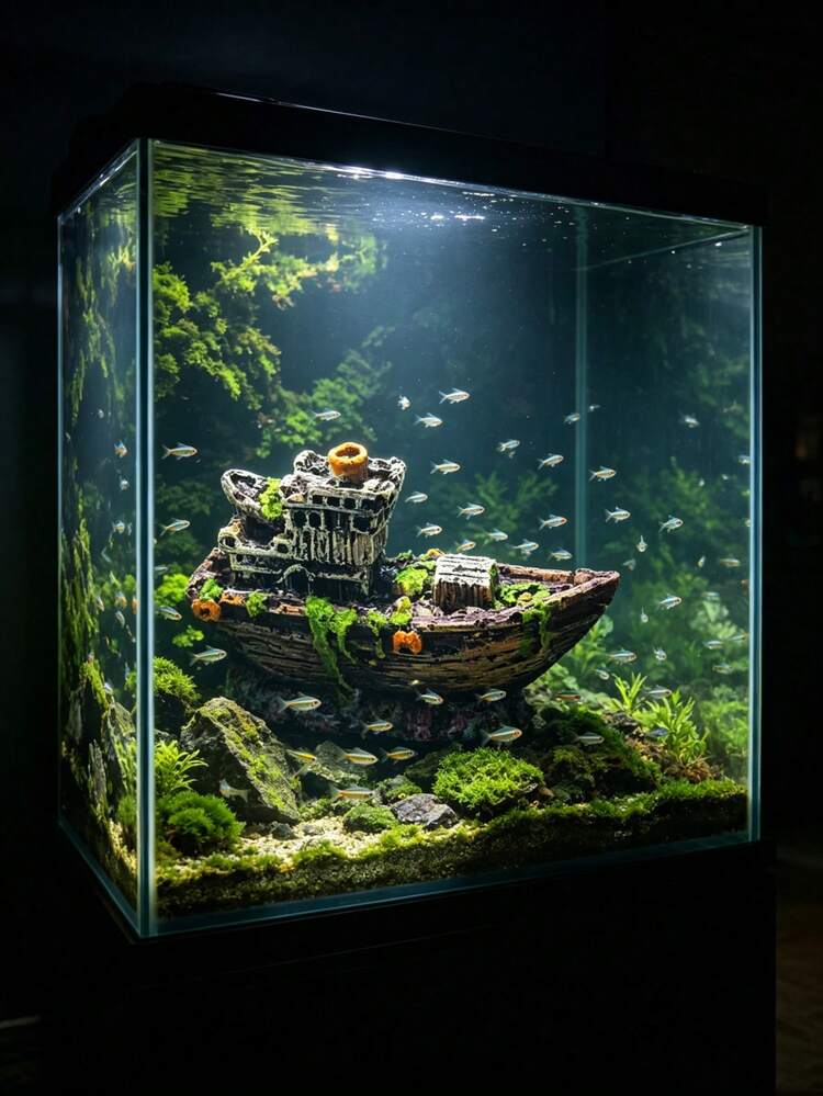 全新赛博朋克风格沉船水族箱装饰，沉没的海盗船，末日主题，适合两栖动物和鱼类，用途广泛的水族箱装饰 - A - 查看 7