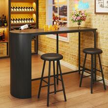 Fluted Bar Table And Chairs Set, 55'' Long Bar Tables With 2 Stools, 3 Piece Counter Height Dining Table For 2, Space Saving Kitchen Table For Bar, Dining Room, Kitchen, Breakfast Nook Corner, Black - Pure Black - View 6
