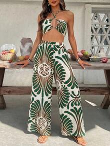 Conjunto de 2 piezas para mujer con top corto de cuello halter estampado tejido y pantalones de pierna ancha de cintura alta - Verde - Ver 6