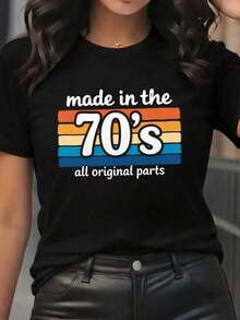 1 pieza de camiseta vintage de talla grande en colores llamativos para mujer - Estilo años 70, 100% algodón - Negro - Ver 7