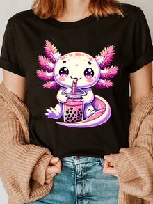 Women's Modern, Casual T-Shirt, Perfect For Parties And Lounging At Home. 100% Cotton, Loose Fit. Lala-Q Anime Cute Kawaii Axolotl Fashion Letter Print T-Shirt, Short Sleeve Crew Neck Casual Top For Summer & Spring, Women's Clothing, 100% Cotton - 黑色 - 查看 7
