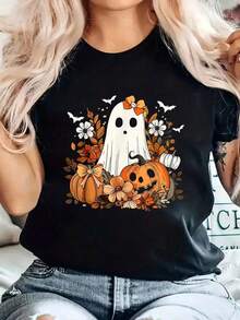 Camiseta de Algodón 100% con Estampado Floral Retro de Fantasmas y Calabazas para Niños, Otoño, Halloween, Talla Grande para Mujer, Suave, Corte Relajado, Clásica y Cómoda, Holgada, Casual y Versátil, Estilo Y2k - Blanco - Ver 8