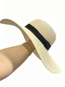 1 pieza Sombrero de sol de ala ancha vintage para mujer, sombrero de paja para vacaciones de verano - Caqui - Ver 5