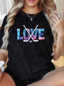 Women's T-Shirt With LOVE Letter Print - Short Sleeve And Round Neck, For Summer And Spring, Casual Wear, Outfits And Holidays - Blouse From The Elegant Line Series - 黑色 - 查看 6