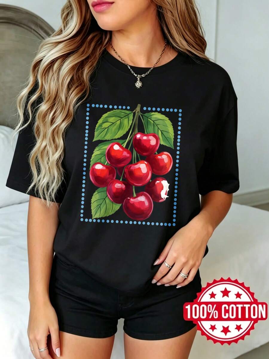 Women's Black Short-Sleeved T-Shirt With Round Neck And Print, Summer, Casual, Cherry Cluster With Leaves And Dots, S-3XL, Fashion, 100% Cotton Material - 黑色 - 查看 1