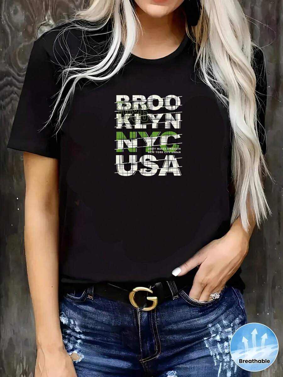 Camiseta con estampado de letras de moda de Brooklyn, Nueva York, para mujer, top casual de manga corta a la moda, atuendo vintage de estilo callejero americano. Camisetas gráficas de verano para mujer. Camiseta casual estampada para mujer, de manga corta y cuello redondo, moda urbana local de primavera/verano. - Negro - Ver 1