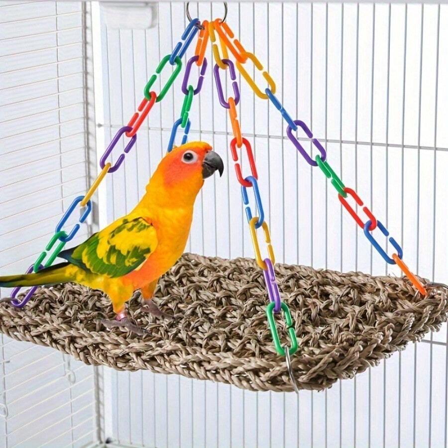 1pc Woven Bird Hammock With Adjustable Chains - Parrot And Small Bird Comfortable Swing Toy, Suitable For All Seasons - Multicolor - View 1