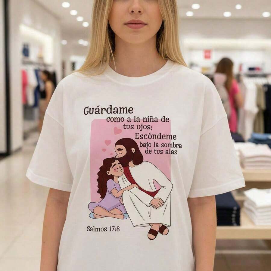 ropa de mujer Camiseta de algodón con estampado de versículo bíblico religioso para mujer, camiseta gráfica cristiana de manga corta con cuello redondo, top informal de corte holgado con diseño de las Escrituras, tallas S-5XL - Diseño "Guárdame como la manzana de tu ojo" Salmos 17:8 camisas de mujer - Blanco - Ver 1