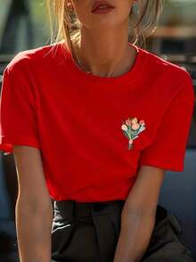 Camiseta de Mujer - Corte Clásico Cómodo, Suave y Transpirable, Adecuada para Uso Diario, Diseño Clásico de Cuello Redondo, Combinable con Varios Atuendos, Disponible en Múltiples Colores, Ajuste Elástico, Lavable a Máquina, Tallas XS a XXL, 100% Algodón - Rojo - Ver 1