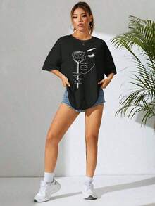 Camiseta Holgada Sencilla Mujer Estilo ModernoCamisetas de manga corta y larga para mujer, con estampados gráficos, para uso diario en verano, tops para mujer para primavera, ropa de mujer.Cozy Soft Simple Everyday Wear Short Sleeve Top - Negro - Ver 4