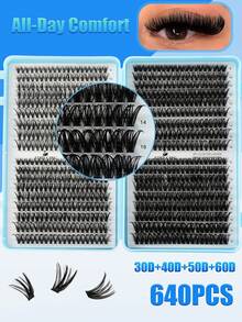 640 Pcs DIY D Curl Lash Book Kit, Super Curly Lash Extensions, 10-16mm Mixed Length Multi-Style Cluster Lashes, Natural Fluffy Dense Mixed Designs, Self-Adhesive Reusable Individual False Lash Clusters, Easy DIY Eye Makeup For Beginners At Home - D - View 2