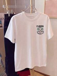 Camiseta Casual Blanca para Mujer con Estampado de Palmeras de Florida Paradise Life, Cuello Redondo, Hombros Caídos, Manga Corta, Corte Regular PLNZ - Blanco - Ver 3