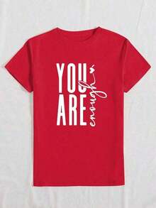 ClassicYou Are Enough Graphic Tee, Women's Casual Short-Sleeve Crew Neck Top With A Double-Sided Print Design, Suitable For Everyday Wear In Spring/Summer. Beautiful Blouse, 100% Cotton. - 紅色的 - 查看 4
