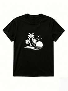 Envío local:Playera para Mujer con Estampado de Palmeras y Atardecer, Camiseta de Manga Corta Cuello Redondo Básica Cómoda para Verano, Estilo Casual Playa - Negro - Ver 3
