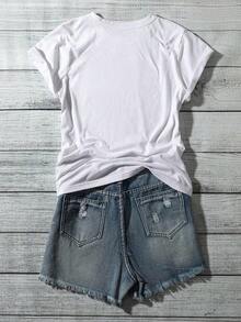 Limited EditionCamiseta de cuello redondo de manga corta blanca para mujer con diseño de eslogan con estampado de leopardo único, una blusa de punto casual con elasticidad media para el veranoLightweight Cotton - Blanco - Ver 4