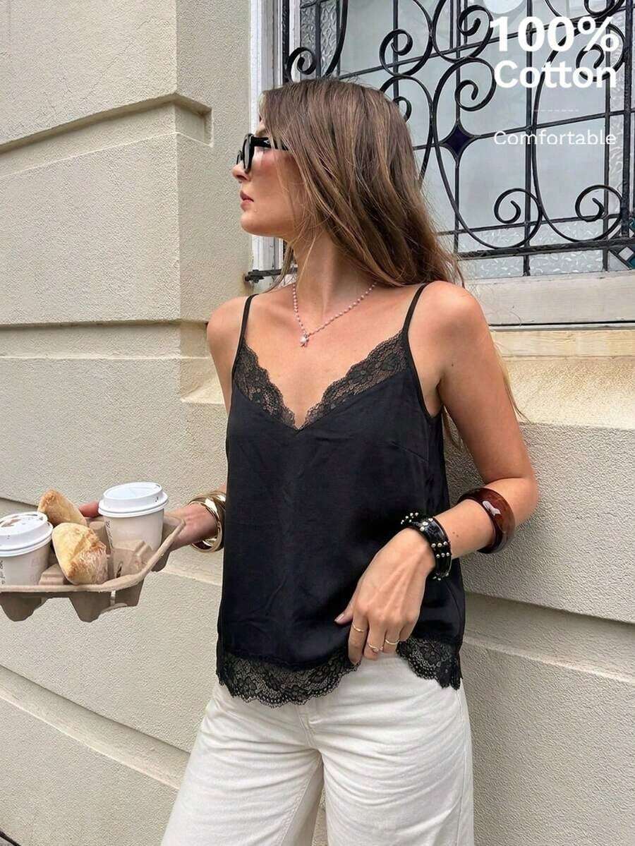 Camiseta de tirantes de mujer con estampado de encaje y parches, ideal para vacaciones de verano - Negro 2 - Ver 1