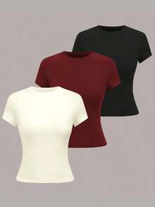 1 pieza Camiseta de manga corta informal de unicolor para mujer - Multicolor 6 - Ver 7