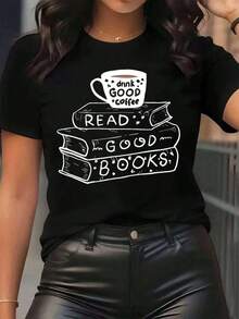 ropa de mujerCamiseta de mujer con estampado de "Bebe buen café,  buenos libros, pila de libros y taza de café", cuello redondo, uso diario casual, suave y cómoda, ideal para vacaciones, camisas de mujer - Negro - Ver 1