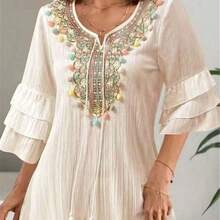 Ladies' Embroidered V-Neck Dress With Colorful Tassel Detail, Ruffled 1/3 Sleeve, Tassel Decor Beach Holiday Dress Elegant Summer - Albaricoque - Ver 4