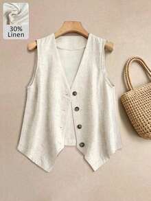 Chaleco de lino casual para mujer, estilo corto para primavera y verano - Blanco - Ver 6