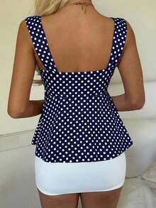 Nueva Colección Primavera/Verano 2026 para Mujer: Blusa/Top sin Mangas con Volantes y Cordón Ajustable, Estampado de Lunares Amarillo Buttercup y Marrón, Estilo Casual y Versátil, Top de Verano - Azul Marino - Ver 2