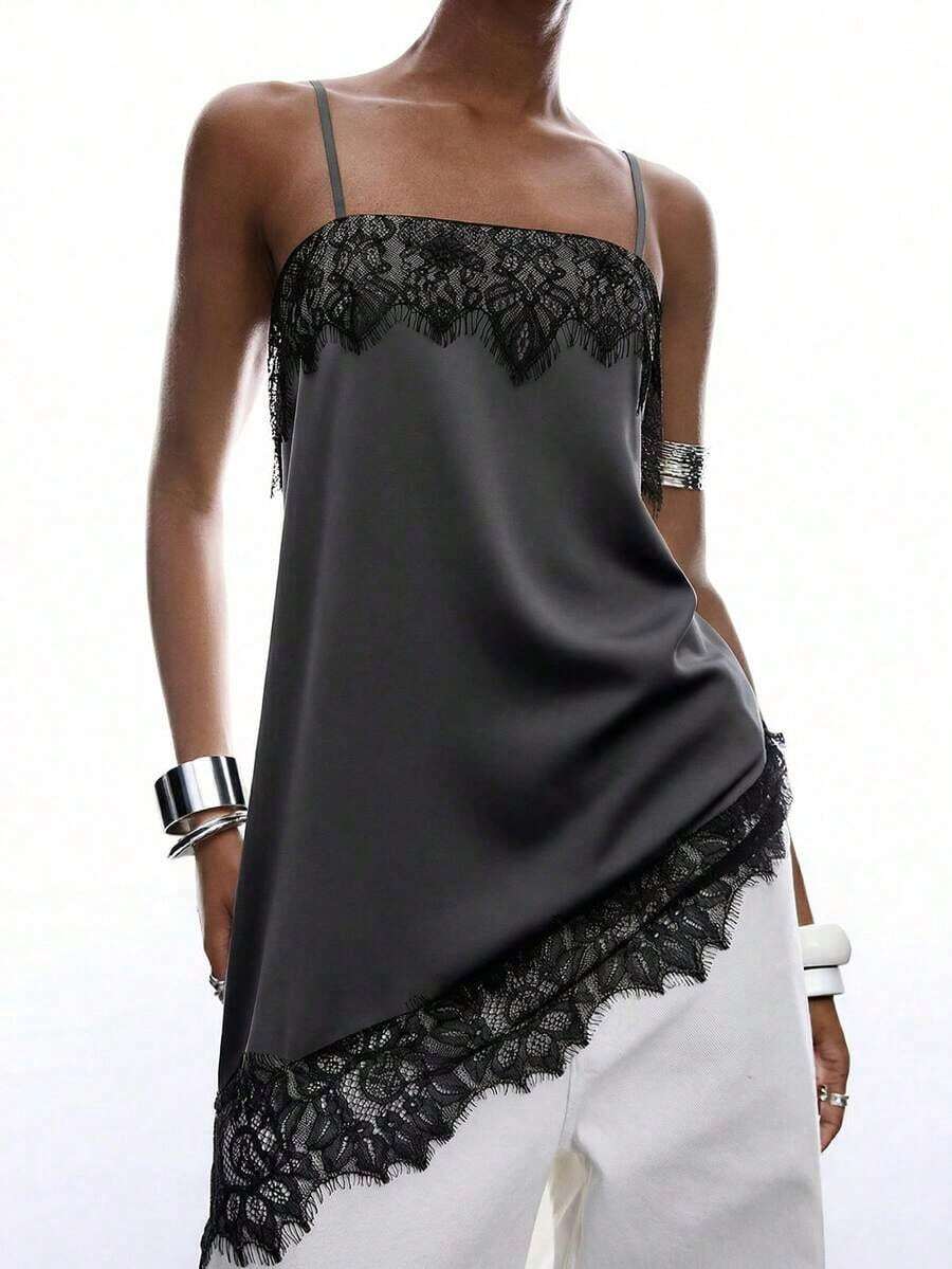 Camiseta de mujer con encaje asimétrico y contraste - Gris Oscuro - Ver 1