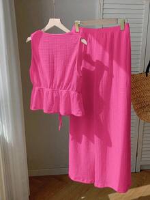 Conjunto informal de chaleco y pantalones con cordones en marrón para mujer - Rosa Fucsia - Ver 2