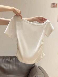 Camiseta casual de mujer de unicolor con cuello asimétrico y fruncido, para verano - Blanco - Ver 1