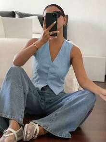 Top sin mangas blanco puro con bordado, de estilo "Old Money", casual y lindo para verano, para salir - Niebla azul - Ver 6