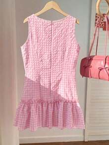 Vestido casual y elegante con textura de crepé, volantes en el bajo y sin mangas, a cuadros, ideal para el Día de San Valentín - Rosa Pálido - Ver 2