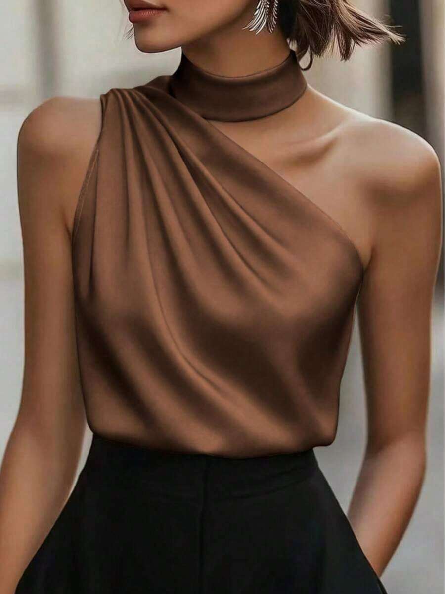 1 pieza Blusa elegante sin mangas de satén de unicolor con volantes asimétricos/asimétricos, adecuada para verano, vacaciones, oficina, hogar, uso diario, fiesta de cumpleaños, eventos formales y casuales - Marrón oscuro - Ver 1