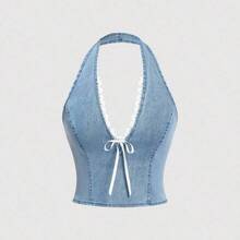 MOD Women Summer Front Tie Denim Halter Crop Top,Cute Halterneck Lace Bow Tight,Summer,Vacation,Off The Shoulder Top,Crop Tops Women,Going Out Tops Women,Birthday,Halter Tops,Vintage Tops,Cute Shirts,Hawaii,Birthday,Going Out Tops,Y2k Top - Lavado ligero - Ver 6