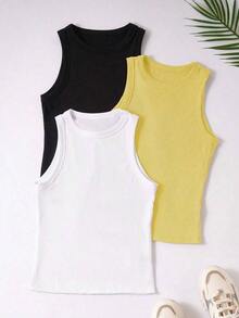 Top ajustado de cuello redondo informal para mujer - Amarillo - Ver 1