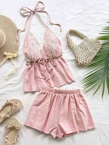 Conjunto de 2 piezas de vacaciones para mujer, top de tirantes con escote en V con textura rojo y shorts sueltos extremadamente cortos, adecuado para citas, fiestas y paseos por la ciudad - Rosa 2 - Ver 1