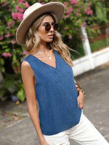 Blusa sin mangas de color sólido, casual para el verano - Azul - Ver 4