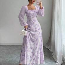 Women's Printed Square Neck Long Sleeve Elegant Summer Dress - Morado - Ver 1