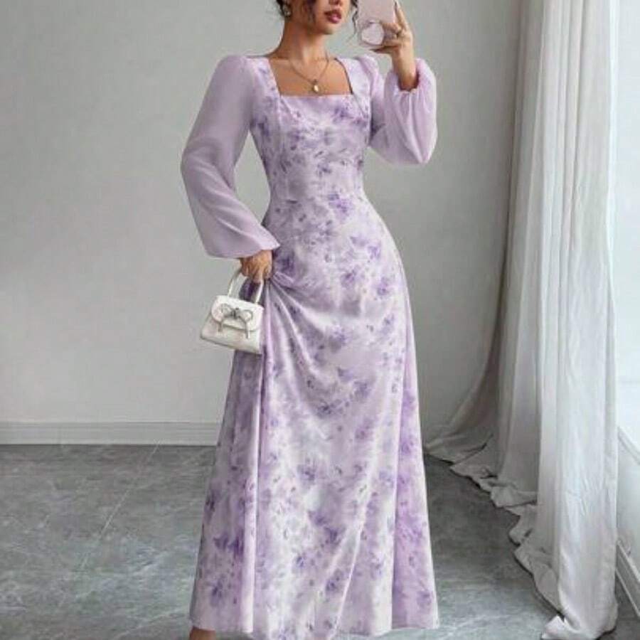 Women's Printed Square Neck Long Sleeve Elegant Summer Dress - Morado - Ver 1