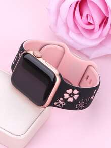Dây đeo đồng hồ chạm khắc hoa, tương thích với Apple Watch 41mm 40mm 44mm 45mm 42mm 38mm 49mm 46mm, hoa dễ thương, dây đeo thể thao bằng silicon mềm mại tương thích với Apple Watch Series 11 10 SE 9 8 7 6 5 4 3 Ultra, dây đeo đồng hồ thời trang nữ họa tiết hoa, tương thích với dây đeo . - LD004 Họa tiết hoa - Đen và Hồng - Xem 2