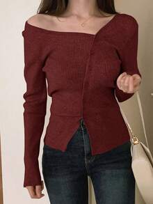 Blusa casual de mujer de punto acanalado con botones y manga corta - Burdeos - Ver 4