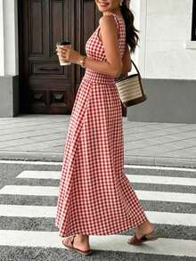 Vestido maxi a cuadros marrones 2026 para mujer, con tirantes de lazo y cintura fruncida con volantes, estilo minimalista casual y perfecto para vacaciones y uso diario - Rojo - Ver 2