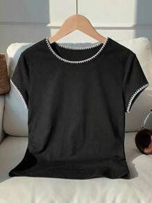 2026 Nueva Moda Camiseta Casual Versátil de Mujer con Cuello Redondo y Mangas Cortas, Contraste de Ribete, Top de Verano, Ropa de Primavera para Exteriores, Top Beige Casual Y2K - Negro - Ver 7