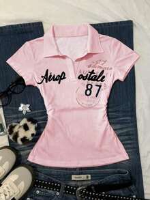 Camiseta casual de mujer con estampado de letras, verano - Rosa - Ver 7