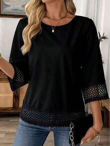 Blusa blanca elegante de talla grande para mujer con adorno de encaje a crochet, de longitud regular para primavera - Negro - Ver 6