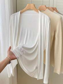 Chaqueta ligera de mujer de unicolor, de manga larga y con abertura frontal casual - Blanco - Ver 8
