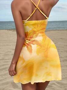Vestido mini con cuello drapeado con estampado floral de hibisco naranja y amarillo en estilo retro vacacional elegante para mujer - Salidas, playa, bodas, cumpleaños, fiestas, chic, festival occidental, chica de isla vintage, vacaciones en la , - Multicolor 4 - Ver 3