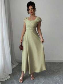 Vestido elegante de manga raglán y cuello cuadrado con detalle cruzado en el busto, de unicolor para mujeres - Verde - Ver 3