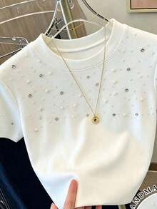 Camiseta de manga corta ajustada con estampado digital de frutas de moda y versátil para mujer, camiseta estampada con flores de cerezo, camiseta de cereza, camiseta de frutas - Blanco 4 - Ver 4