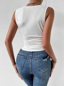 Blusa sin mangas blanca para mujer, adecuada para la oficina, de vuelta a la temporada escolar, otoño - Blanco - Ver 2