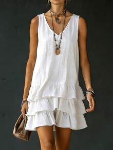 2026 New Spring/Summer V-Neck Ruffled Linen Dress | Sleeveless Layered Short Skirt, American Women's Casual Vacation Outfit - White - View 7