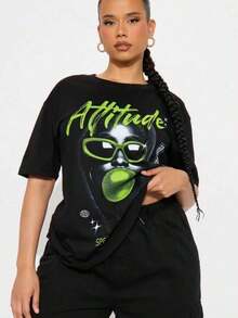 Camiseta Casual Estilo Urbano Americano, Camiseta Negra de Manga Corta, Estampada con la Imagen de una Chicle Verde que se Infla y el Lema "Las acciones hablan más fuerte que las palabras", Camiseta para Mujer, Adecuada para Mujeres que Gustan de los Estilos Y2K y Hip-Hop Urbano. 100% Algodón   Resistente - Negro - Ver 2